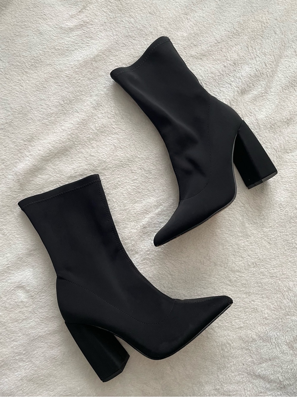 Womens size 9 Minimalist Black Stretch Sock Boots with Chunky Block Heel